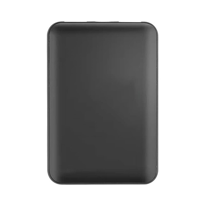 A black power bank with a sleek design, featuring a logo on the surface.