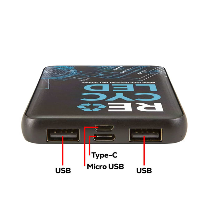 A black power bank with multiple USB ports, featuring a logo and a design related to eco-friendliness.