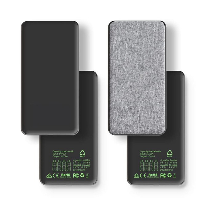 A black and grey power bank, featuring a sleek design and a logo, with a capacity of 10000 mAh.