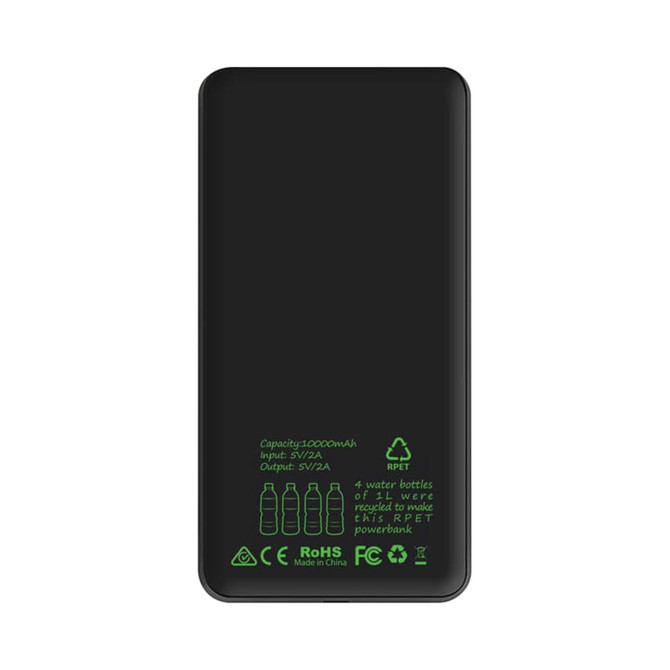 A black power bank with a capacity of 10000 mAh, featuring a logo and green text.