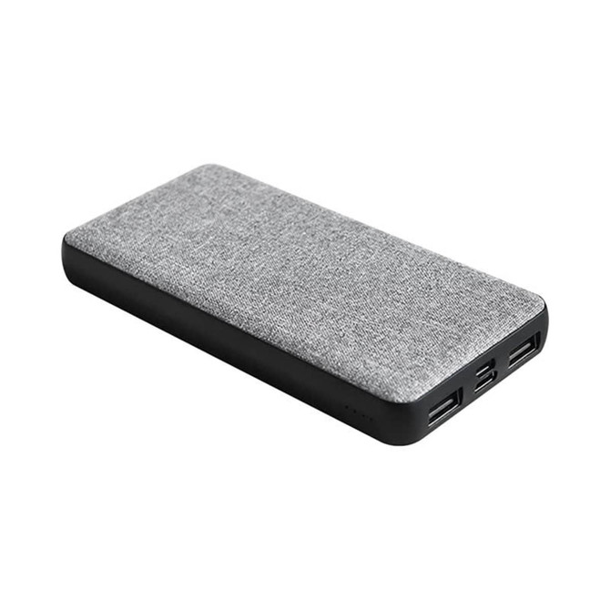 A grey power bank with a textured surface and multiple USB ports, featuring a black edge.
