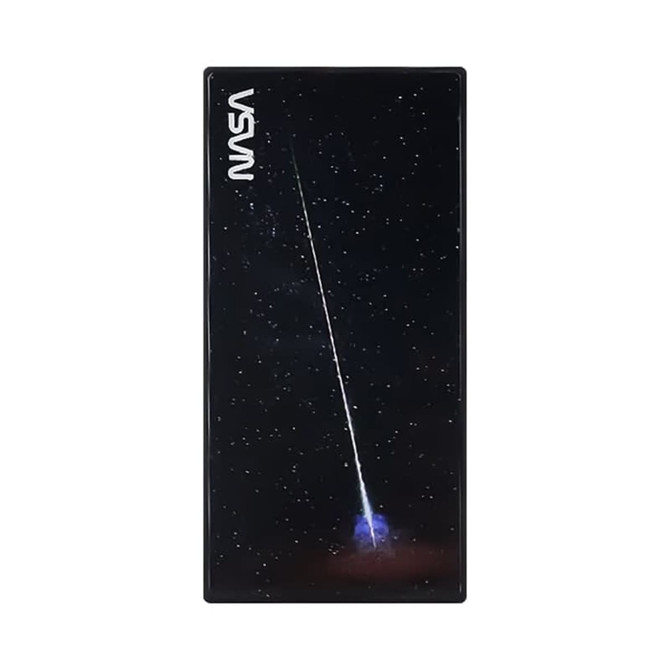 A black power bank with a starry design and a blue shooting star graphic. Features a logo.