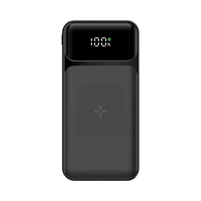 A black 10,000 mAh wireless power bank with a digital display and a logo.