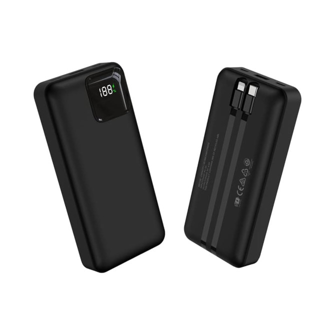 A black power bank with dual charging ports and a digital display indicator for battery percentage.
