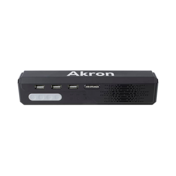 A black Akron omnidirectional speaker phone with USB ports and control buttons. It features a simple, modern design.