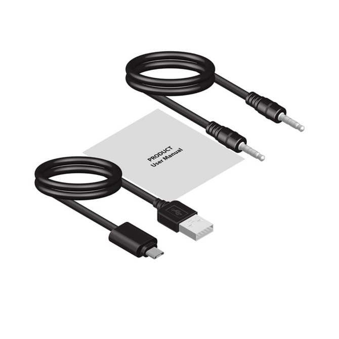 A collection of cables including a USB cable, an audio cable, and a user manual, all in black.