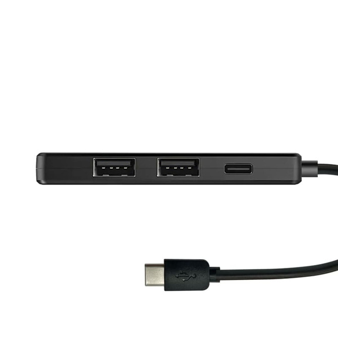 A black USB hub featuring two USB Type-A ports and one USB Type-C port with a connected Type-C cable.