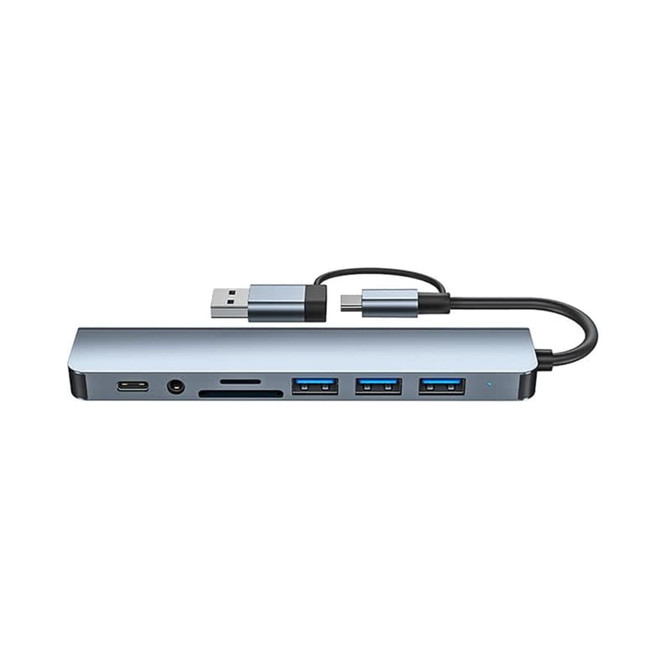 A silver USB hub with dual input options, featuring Type-C and Type-A connectors, multiple USB ports, and a card slot.