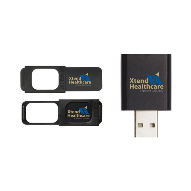 A black USB flash drive with removable privacy covers, featuring a logo on the surface.