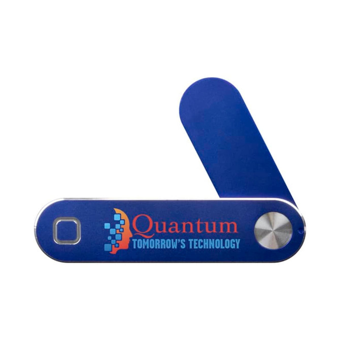 A blue phone stand with a logo, featuring a folding design and a rounded button.