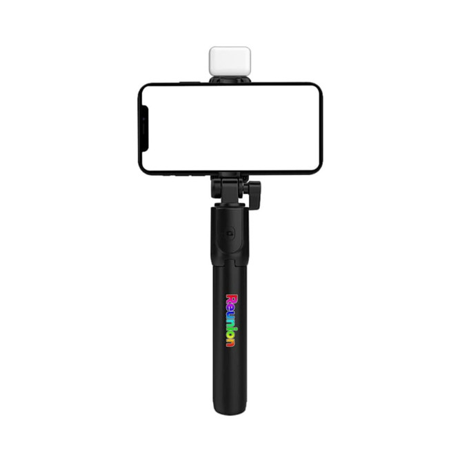 A black LED selfie stand with a smartphone holder and a light at the top, featuring a logo.