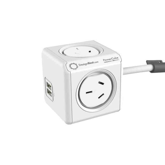 A white Power Cube Extended Duo USB with two power sockets and USB ports. It features a logo on its side.
