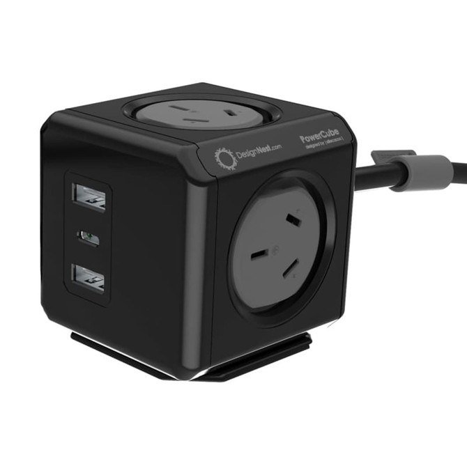 A black cube-shaped power adapter with two USB ports and two Australian sockets. It features a cable for connectivity.