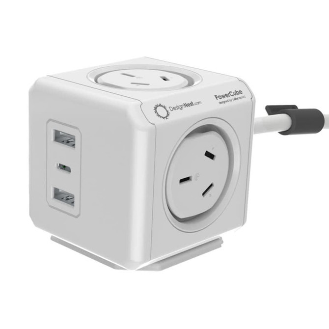 A white power cube with two Australian power sockets and USB ports. It has a logo and a cable attached.