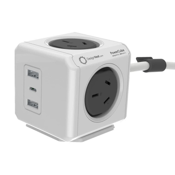 A white Power Cube Extended Trio USB hub with two power sockets and two USB ports.