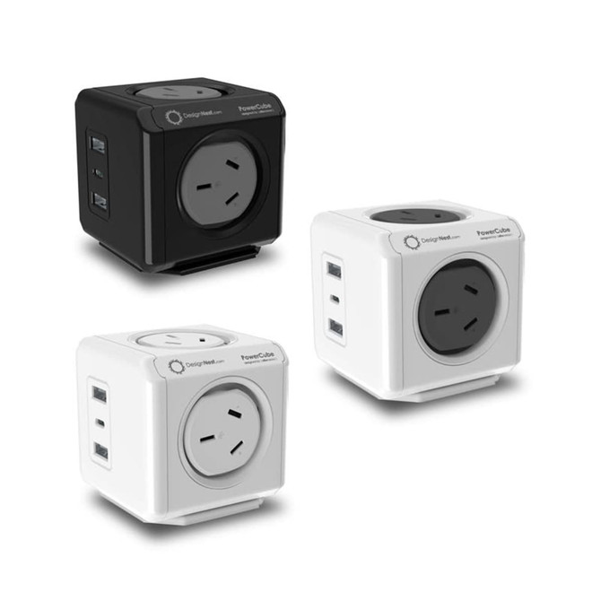 A trio of Power Cube Extended USB units in black and white, featuring multiple USB ports and standard power sockets.