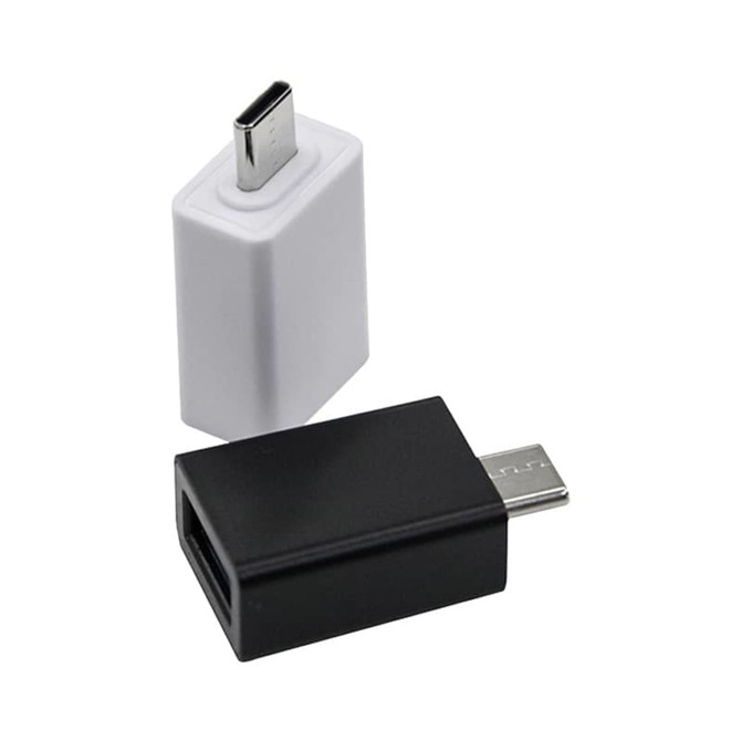 A white and black adapter for connecting Type-C to Type-A USB devices, featuring a logo.
