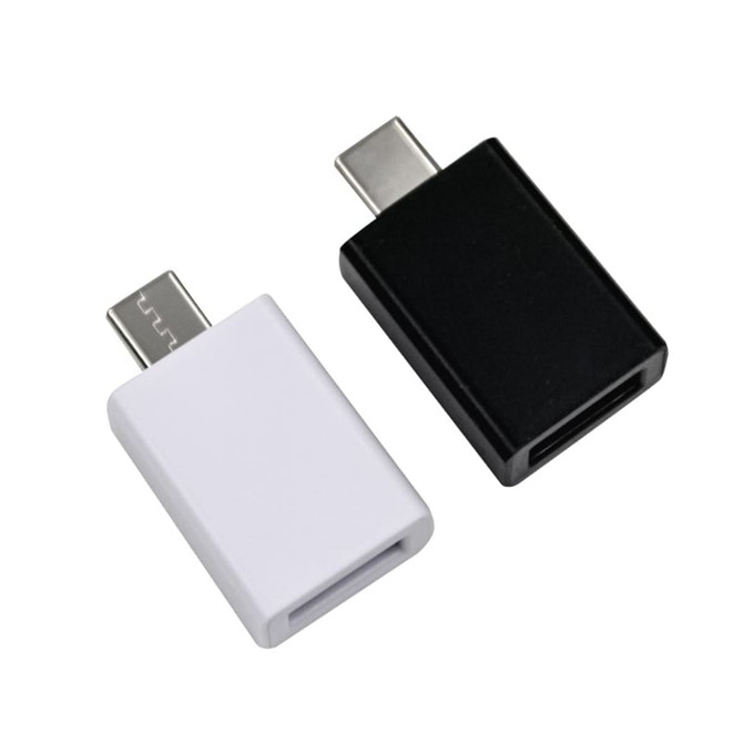 A pair of Type-C to Type-A adapters in white and black, featuring a simple rectangular design with one end smooth.