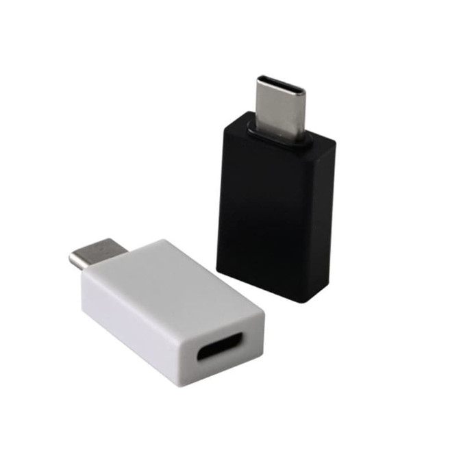 A black and a white Type-C adapter, designed for connecting devices. Both have a rectangular shape with rounded edges.