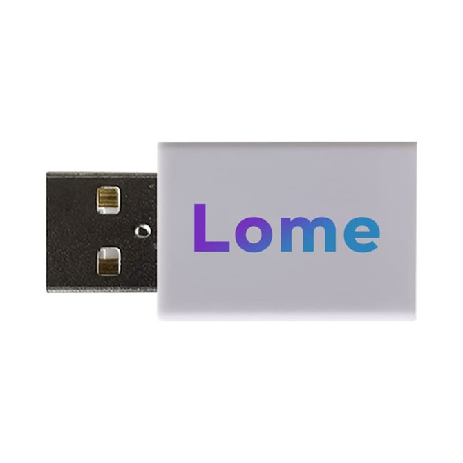 A white data blocker featuring a Type-A USB connector and a branded logo.