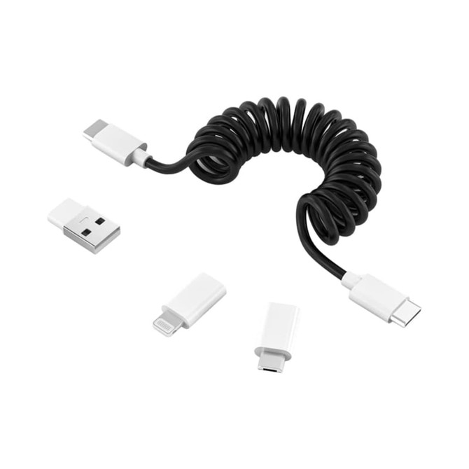A coiled black charging cable kit with white connectors for various devices, including USB, Lightning, and micro USB.