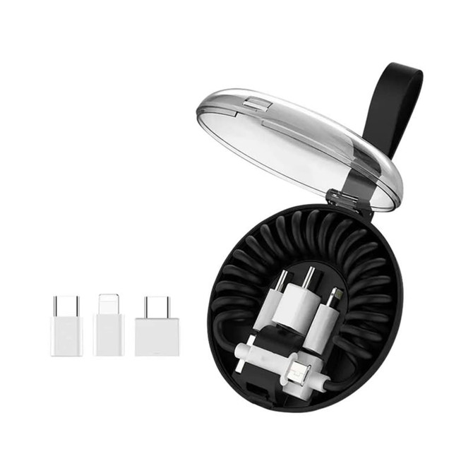 A charging cable kit featuring white cables and adapters in a black, round case with a clear lid.