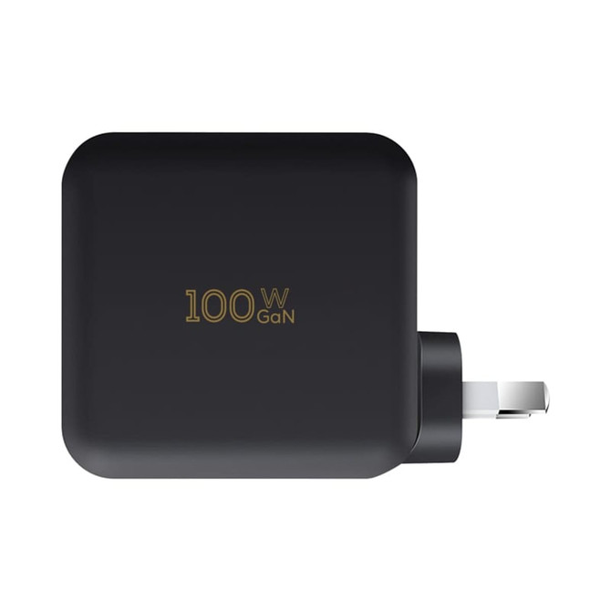 A black 100 Watt GaN quick charger with a single plug and a small branding logo.