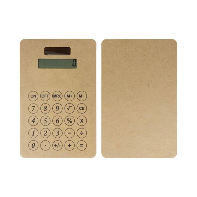 A brown eco-friendly solar calculator with a digital display and a numeric keypad. It has a minimalist design.