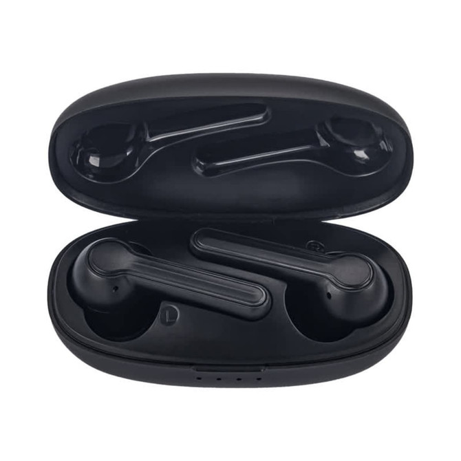 Black Leeds TWS earbuds in a charging case, featuring a sleek design and compact storage.