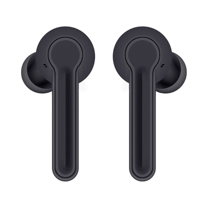 Black Leeds TWS Earbuds with a sleek design, featuring a minimalist look and a circular logo on the side.