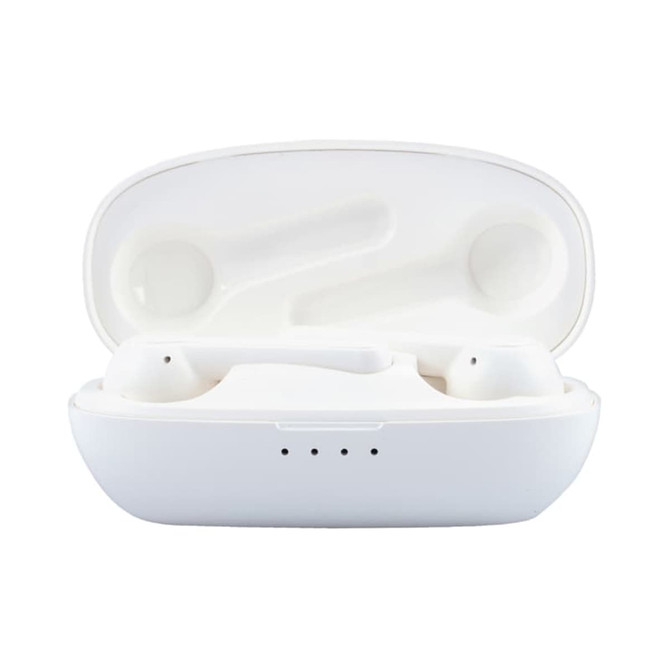 White Leeds TWS earbuds in a charging case, showcasing the earbuds and case interior.