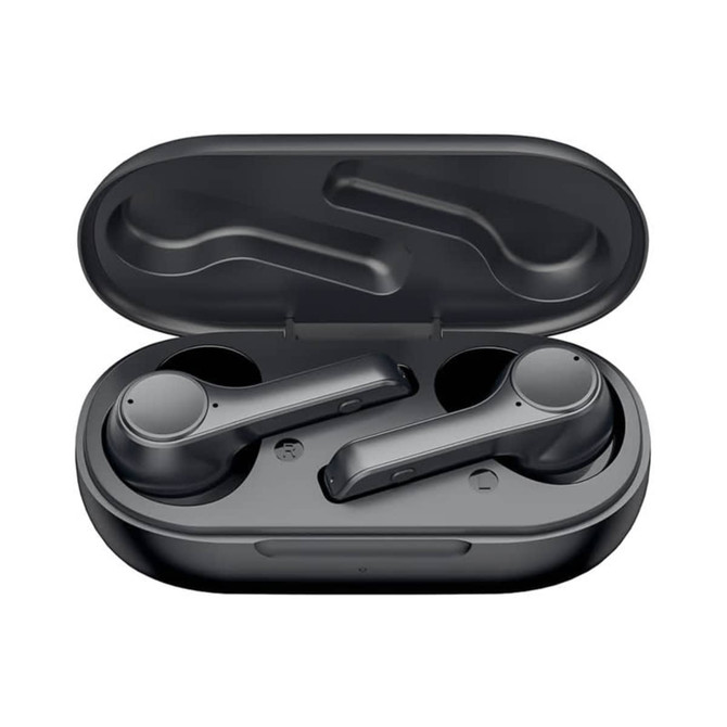 Active noise cancelling TWS earbuds in a black charging case, featuring a sleek design and a compact shape.