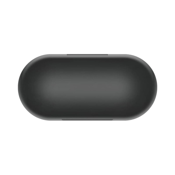 A sleek black charging case for TWS earbuds, featuring a smooth, rounded design and a subtle branding element.