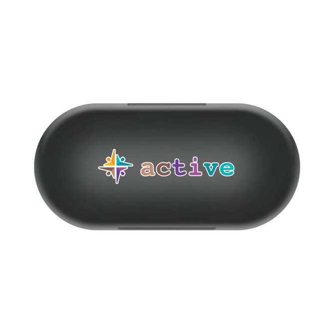 A black charging case for earbuds with a colourful logo featuring the word "active".