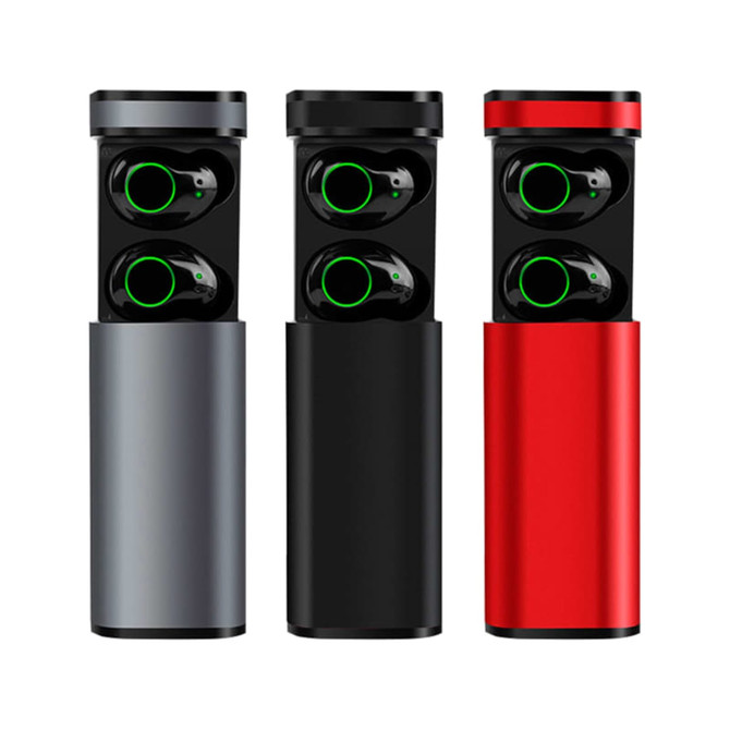 A set of Royston TWS earbuds in grey, black, and red with a branded casing.