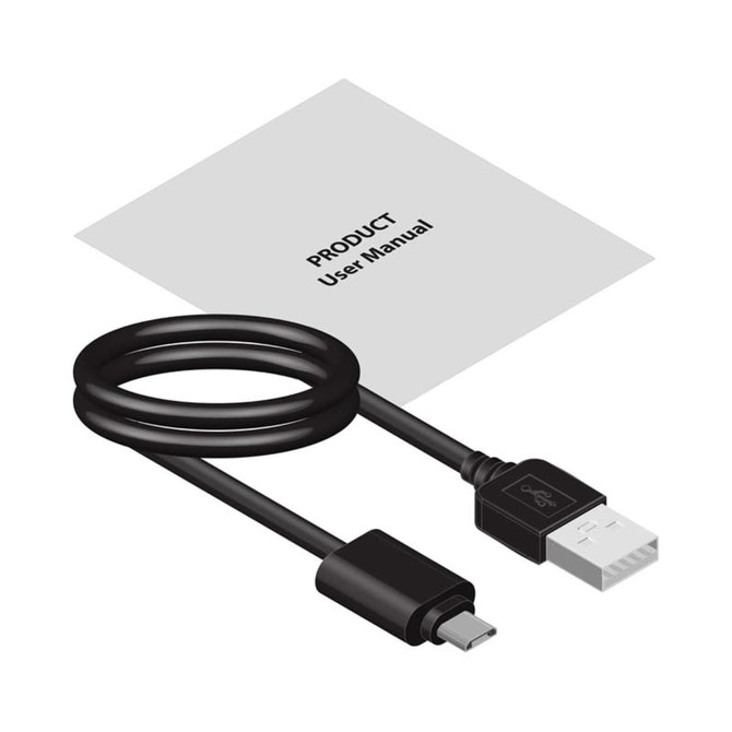 A USB charging cable in black alongside a user manual. The items are arranged with a simple, clean background.