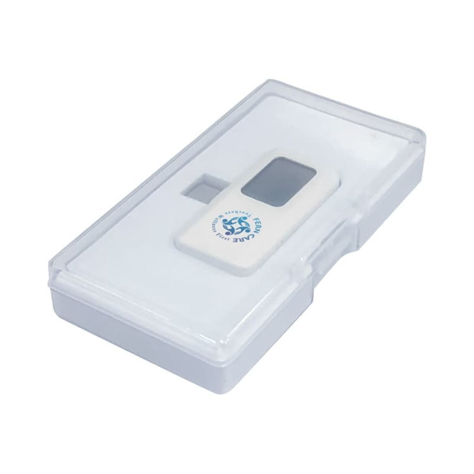 A white smartphone thermometer in a clear plastic case with a logo.
