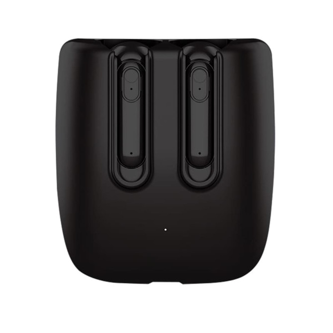 A pair of black TWS earbuds in a charging case featuring a logo on the surface.