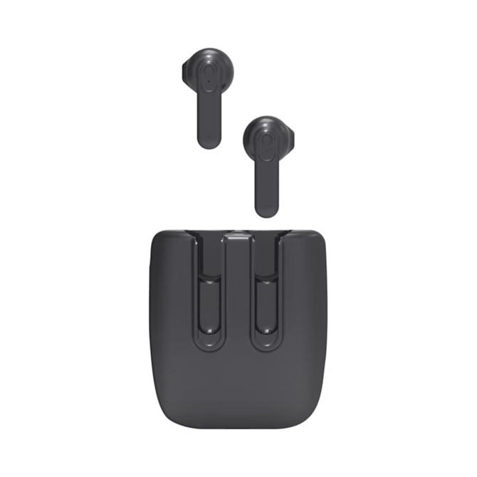 Magnetic TWS earbuds in black with a matching charging case, featuring a sleek design and branding.