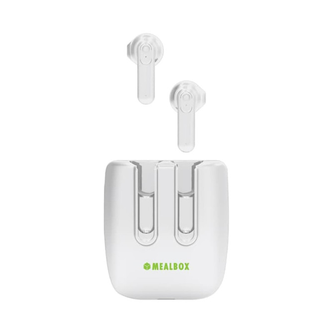 White TWS earbuds with a charging case, featuring a logo on the case.
