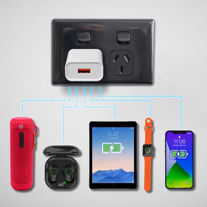 A white Timms Fast USB Wall Charger with a logo, connected to various devices including a smartphone, tablet, and earbuds.