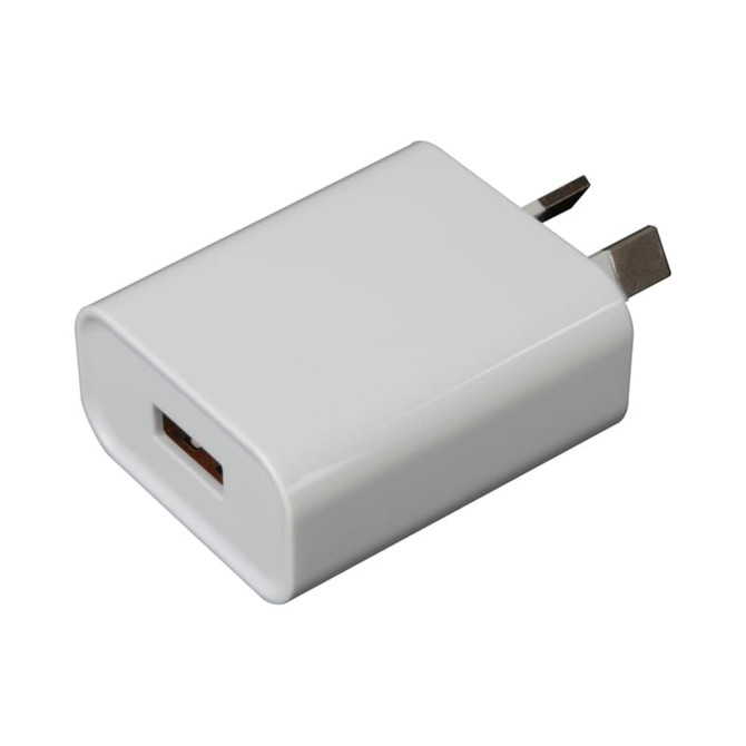 A white USB wall charger with two prongs, designed for fast charging, featuring a simple rectangular shape and a logo.