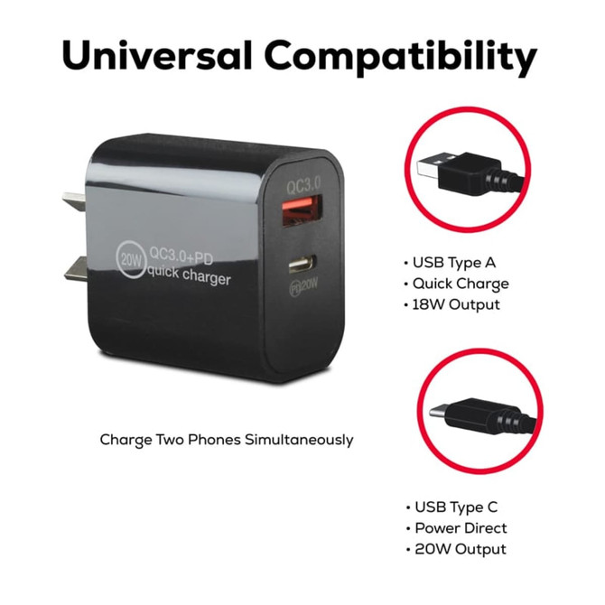 A sleek black wall charger with USB-A and USB-C ports, featuring a compact design for travel.