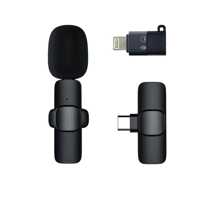 A black wireless microphone with a compact design, accompanied by an adapter, featuring a minimalist style and branding.