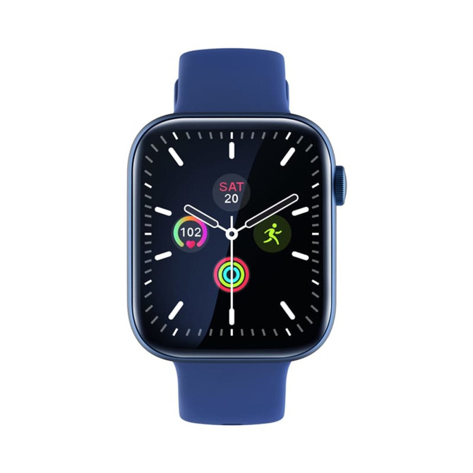 A blue smart watch with a square face displaying various fitness metrics and a circular interface.