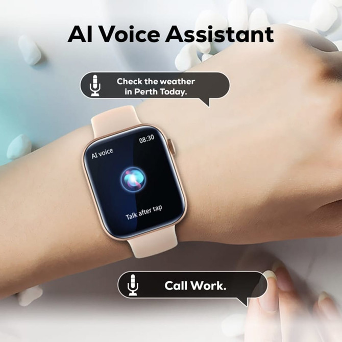 A smartwatch with a square screen, pink band, and an AI voice assistant feature displayed.