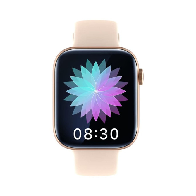 A smartwatch featuring a square touchscreen with a colourful flower pattern and a light beige strap.