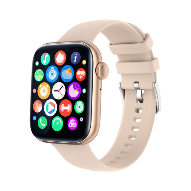 A gold smartwatch with a large touch screen displaying various app icons, featuring a beige strap.
