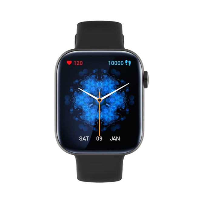 A black Mateo Smart Watch featuring a blue digital display with various metrics and a logo.