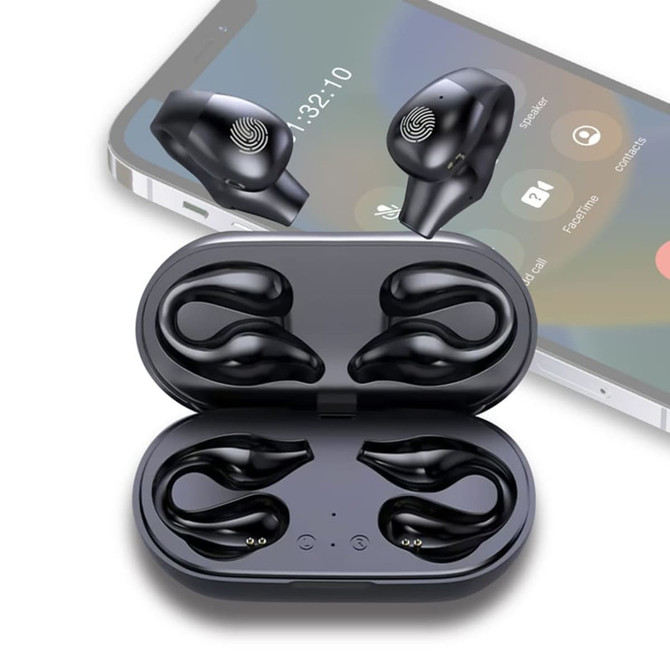 Black "Clipz TWS Earbuds" in their charging case, with a smartphone featuring a call screen in the background.